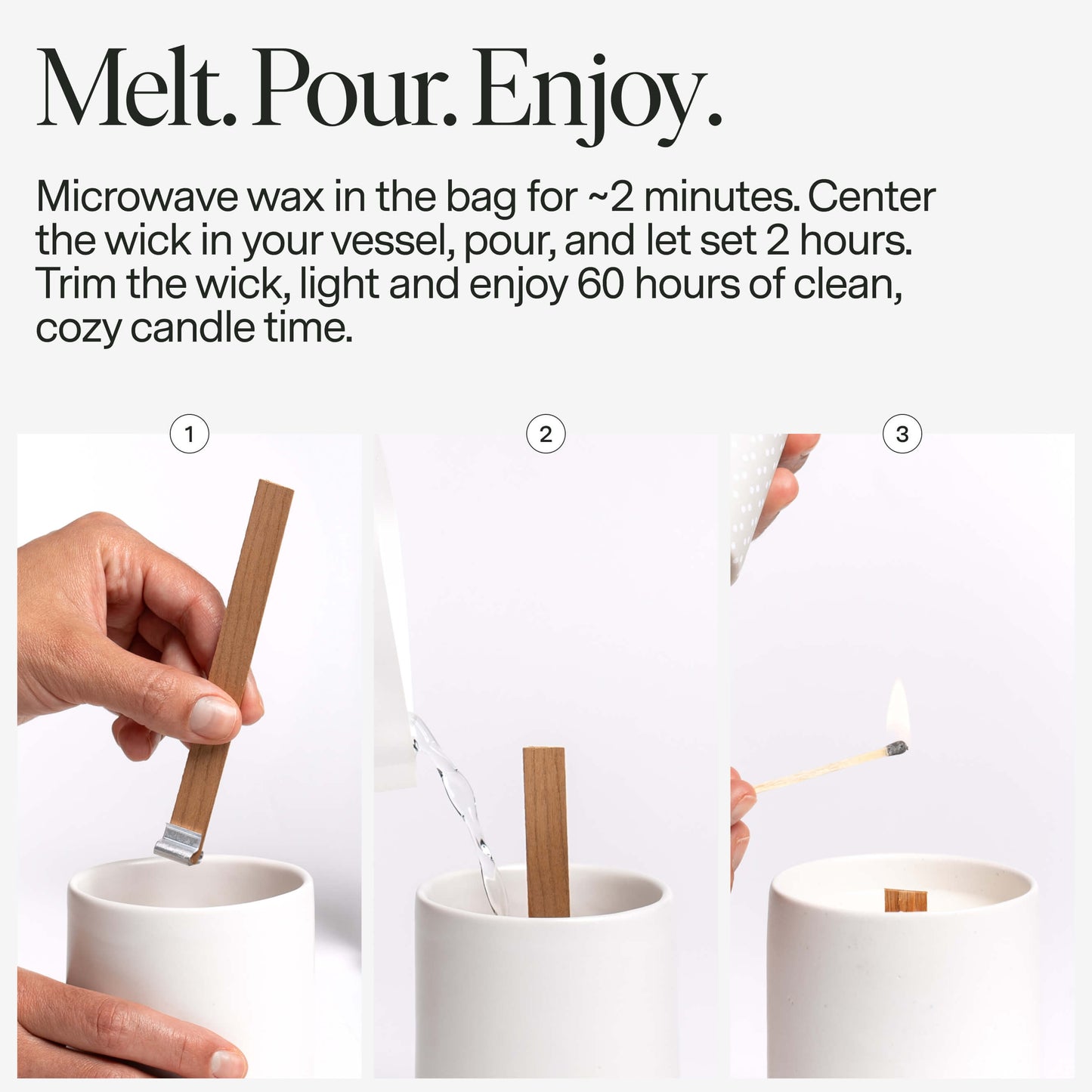 Instructions for making a candle with text and images of a hand holding a wooden stick and lighting a candle.