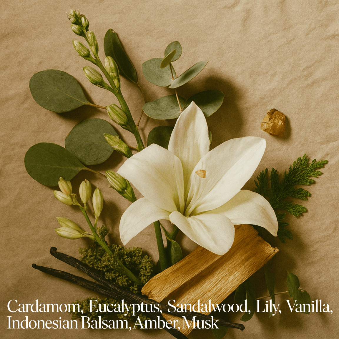 White lily with green leaves and wooden elements on a beige background