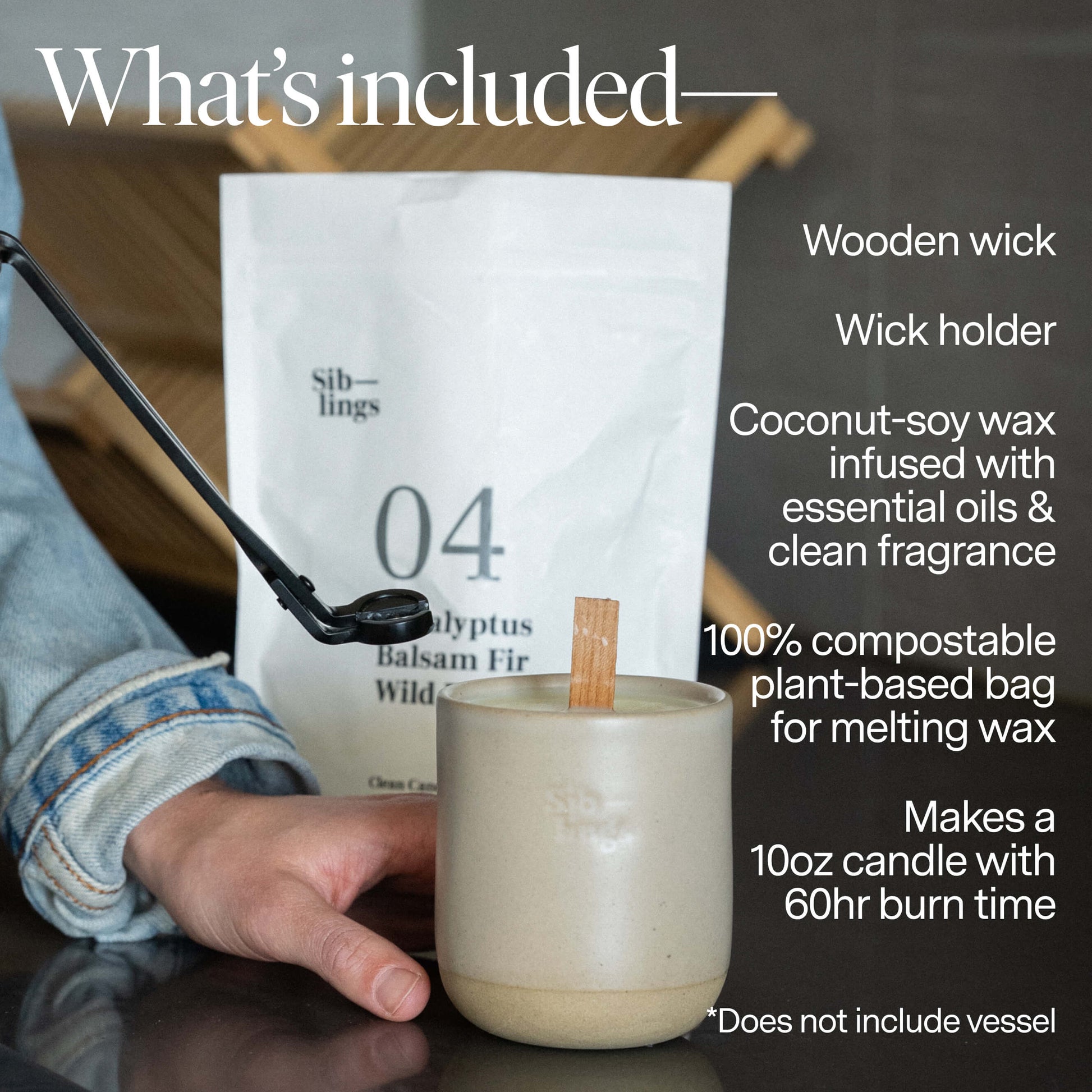 Candle-making kit with wooden wick, wick holder, and coconut-soy wax in a plant-based bag.