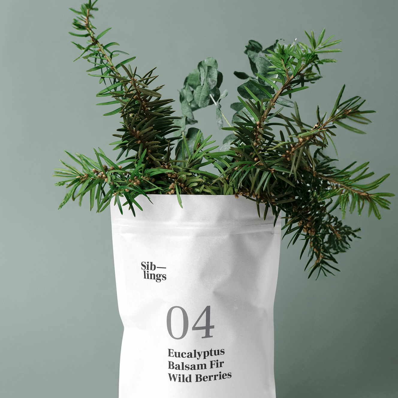 No. 04 — Eucalyptus, Balsam, Wild Berries Siblings candle refill bag with fresh green plant stems coming out of the top, creating a fresh, natural vibe.