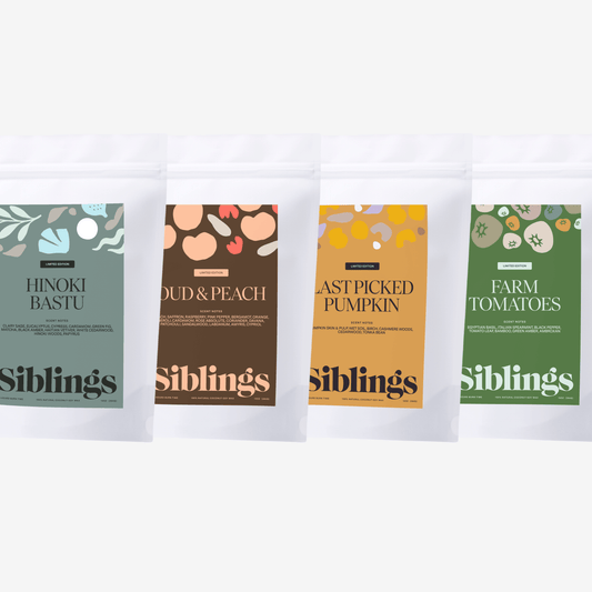 Siblings The Autumn Collection — four candle refills in compostable bags: Oud & Peach, Last Picked Pumpkin, Hinoki Bastu, and Farm Tomatoes, showcasing eco-friendly packaging and seasonal scents.