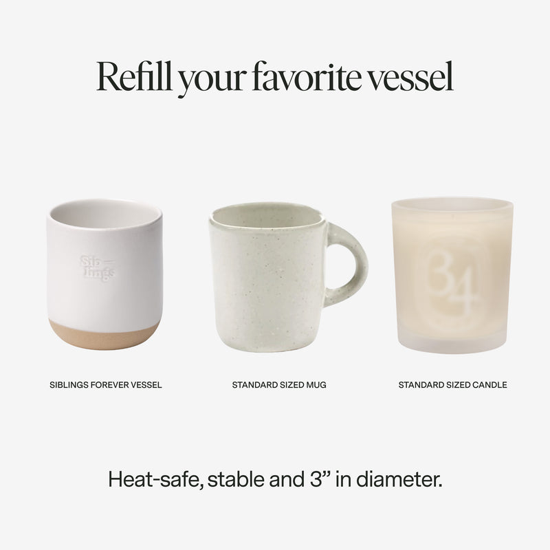 Three ceramic containers labeled 'Siblings Forever Vessel', 'Standard Sized Mug', and 'Standard Sized Candle' on a white background. Easily make a candle in your favorite vessel.