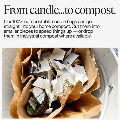 Brown paper bag with compostable candle packaging and text about compostability.