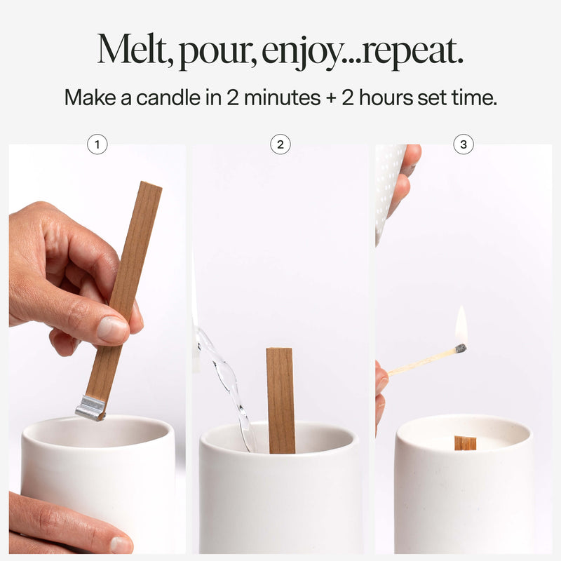 Step-by-step process of making a candle with text 'Melt, pour, enjoy... repeat.' Make a candle in 2 minutes.