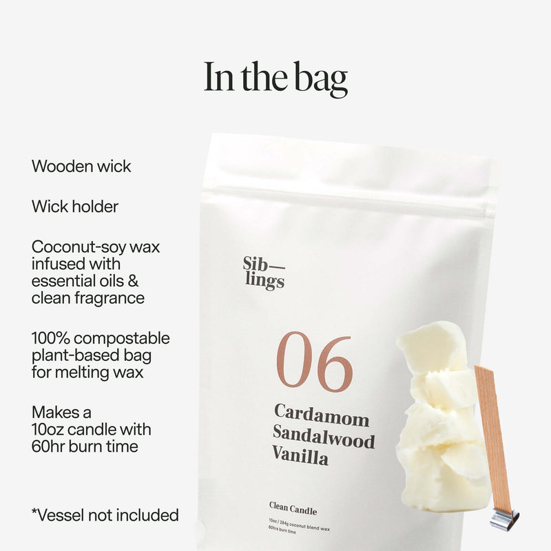 Included in the candle bag: wooden wick, wick holder, coconut-soy wax infused with essential oils and clean fragrance. Does not include vessel.
