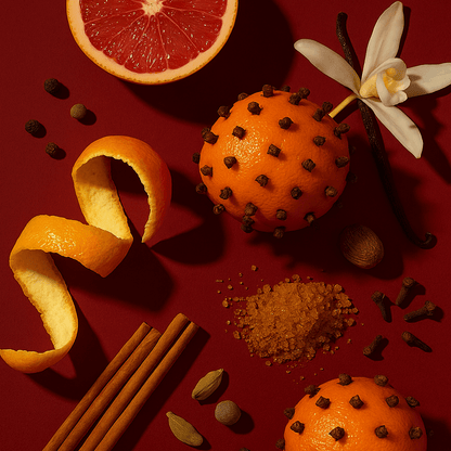 Spiced oranges with cloves, cinnamon sticks, and cardamom on a red background