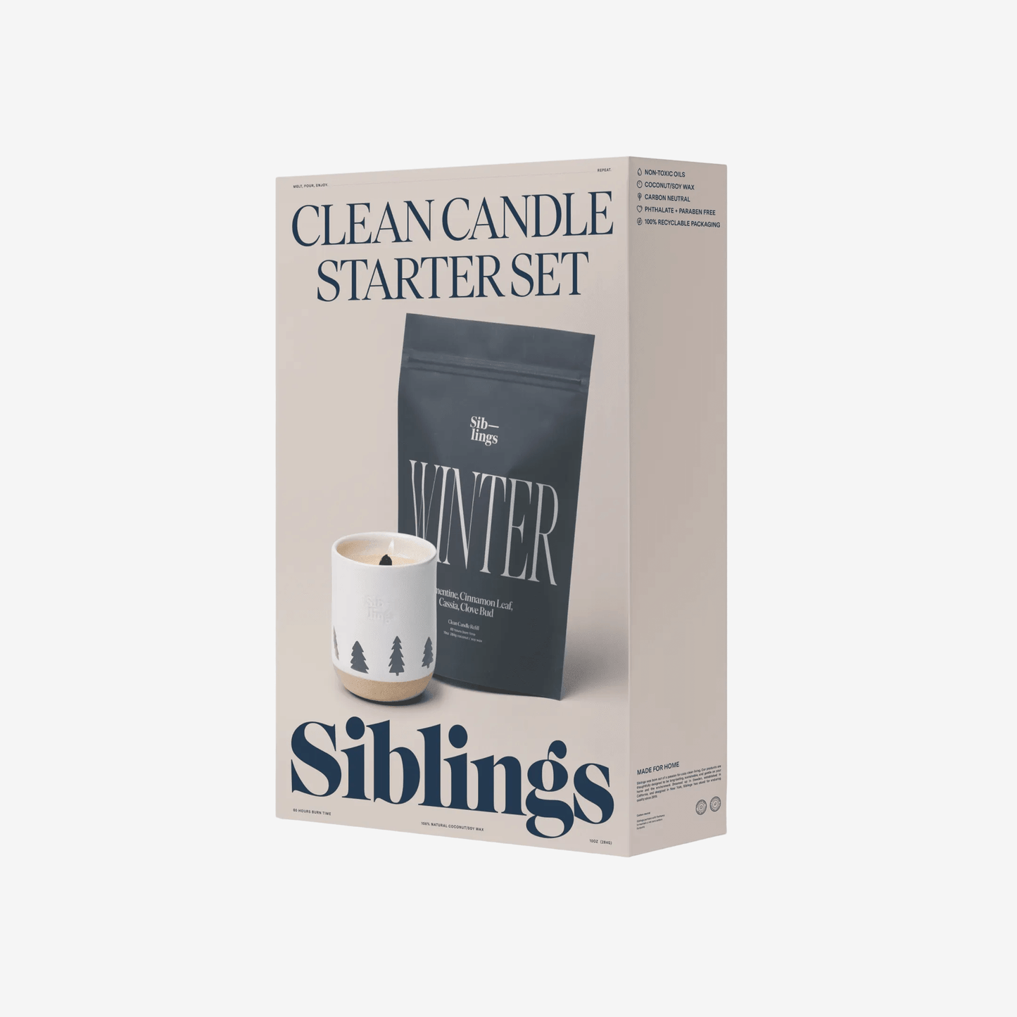 Boxed 'Clean Candle Starter Set' by Siblings with a non-toxic candle in luxury gift box