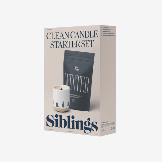 Boxed 'Clean Candle Starter Set' by Siblings with a non-toxic candle in luxury gift box