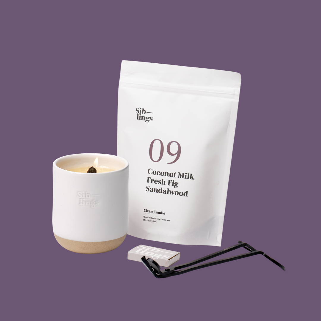 Siblings No. 09 candle starter set with White Cloud vessel, compostable wax refill bag (Coconut Milk, Fig, Sandalwood ), and black wick trimmer, showcasing an eco-friendly refill kit.
