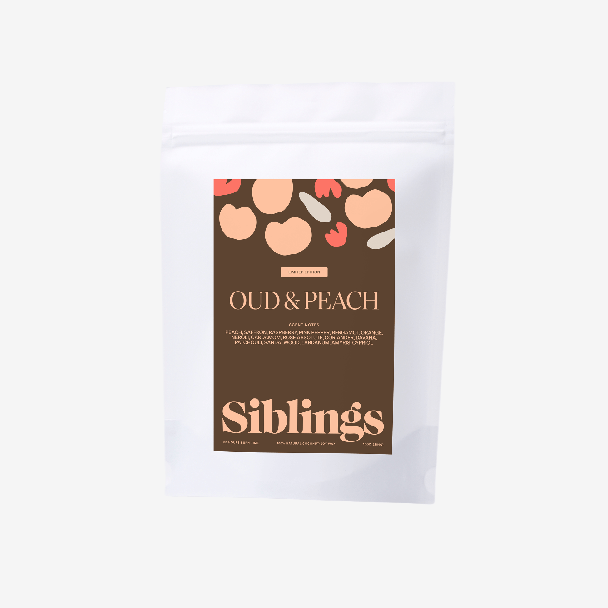 Siblings Oud & Peach candle refill packaging, showcasing luxury fruity-woody scent for home.