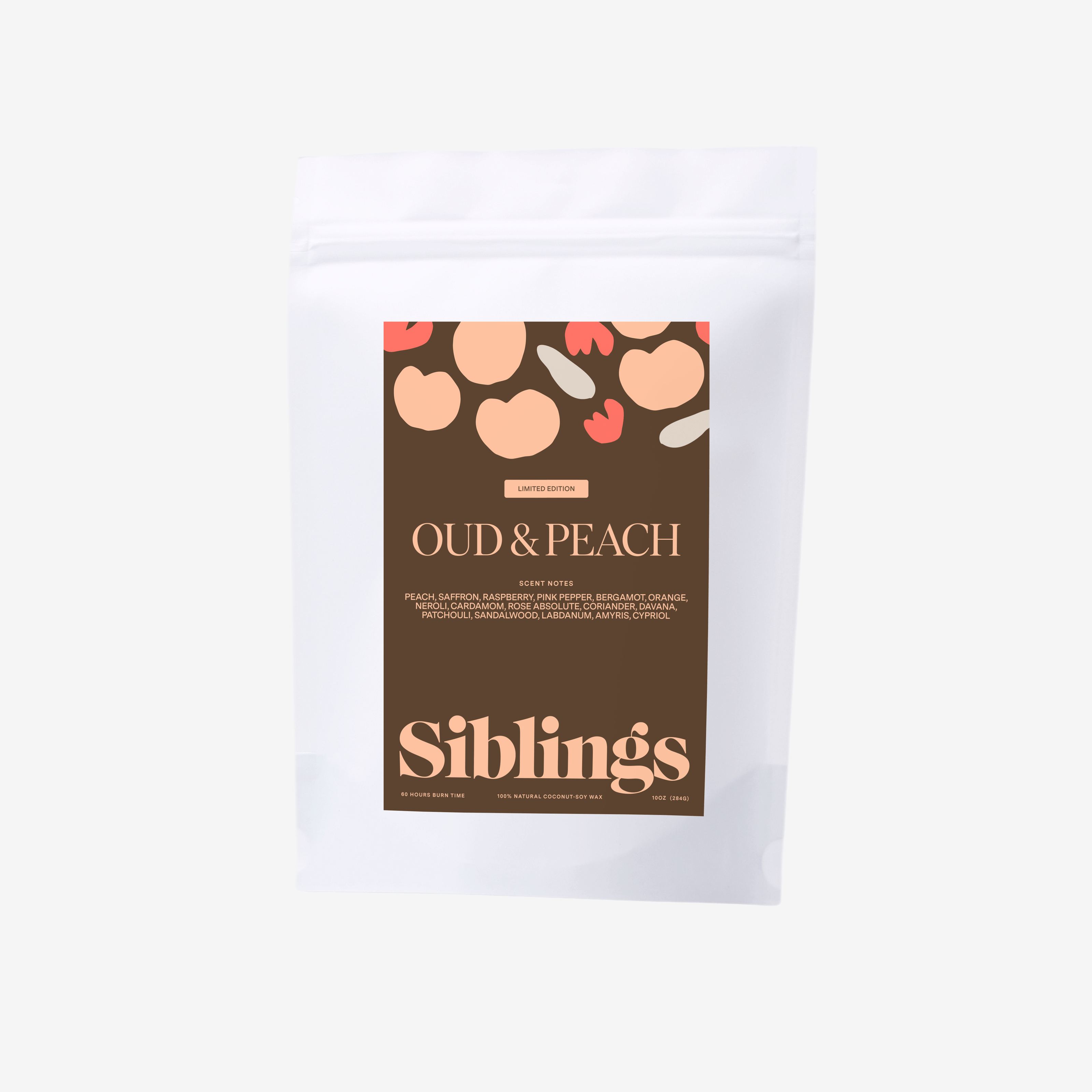Siblings Oud & Peach candle refill packaging, showcasing luxury fruity-woody scent for home.