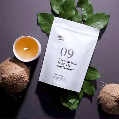 Lifestyle flat-lay of No. 09 — Coconut Milk, Fresh Fig, Sandalwood Siblings candle refill bag next to a lit candle, green leaves, and two whole coconuts, evoking a fresh, fruity, and cozy vibe.