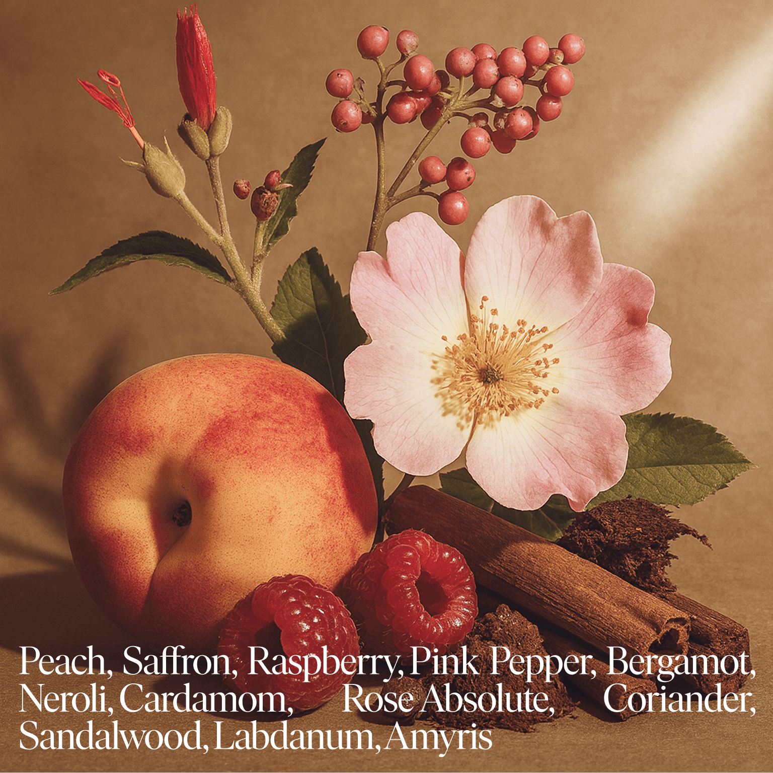 Peach, raspberry, pink pepper, and flowers arranged on a warm brown background, evoking the fruity-woody scent of Siblings Oud & Peach candle.
